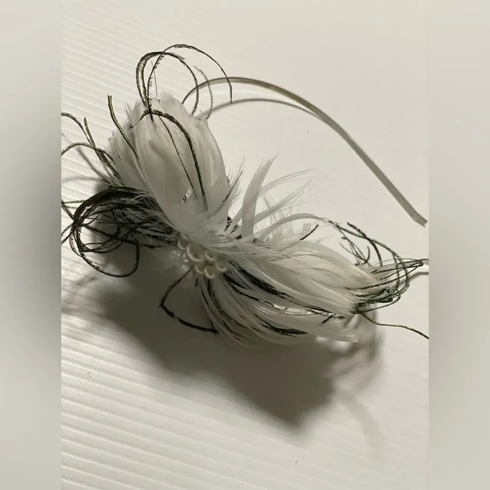 White Fascinator headband pearl feathers hair accessory wedding dance event